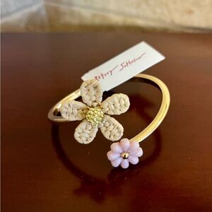 *NWT* Betsey Johnson Gold-Tone Open Cuff Bracelet Pink and Beige Floral Accents